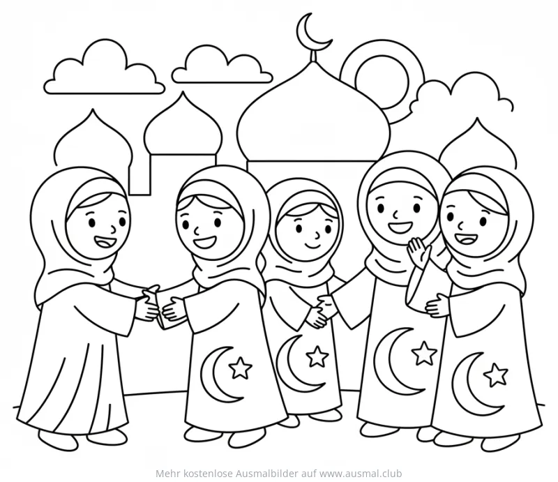 Fröhliche Mädchen gratulieren sich zum Zuckerfest Ausmalbild