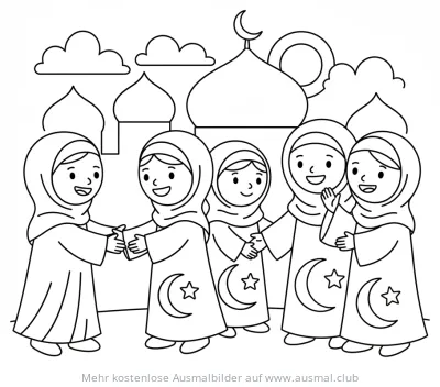 Fröhliche Mädchen gratulieren sich zum Zuckerfest Ausmalbild