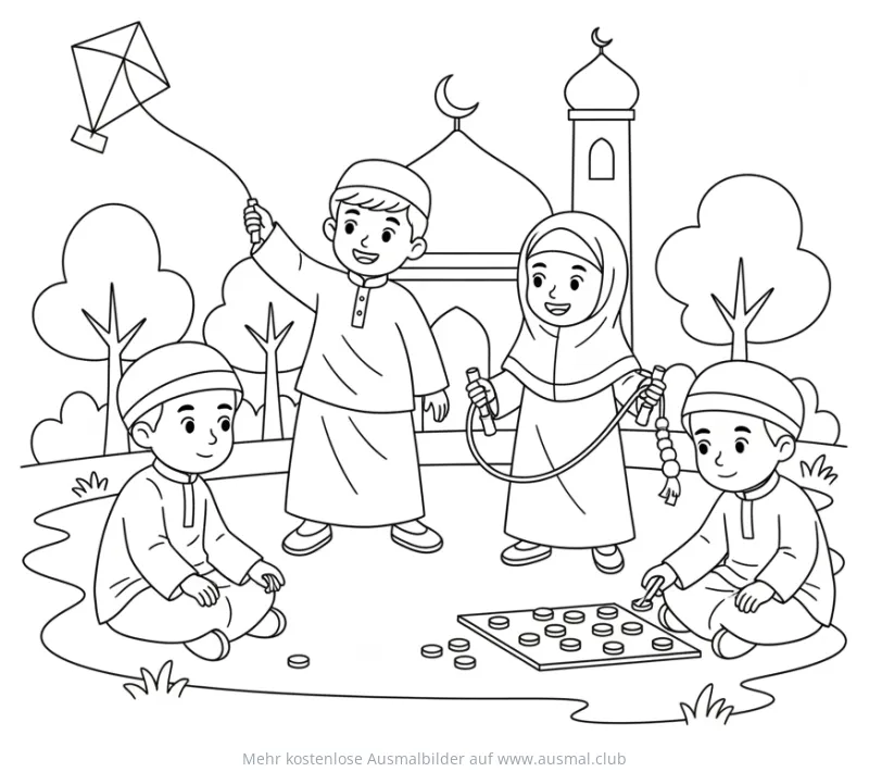 Ramadan Ausmalbild: Kinder spielen Drachen, Seilspringen und Brettspiele vor Moschee