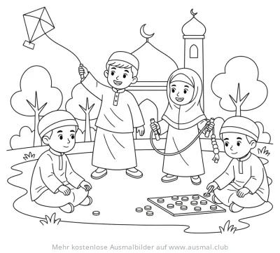 Ramadan Ausmalbild: Kinder spielen Drachen, Seilspringen und Brettspiele vor Moschee