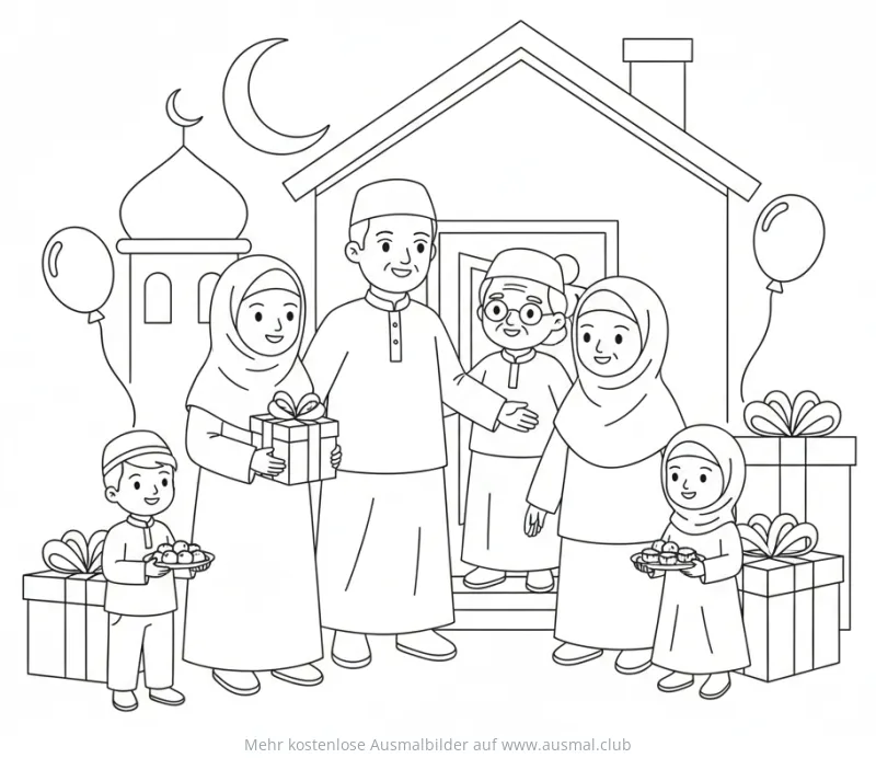 Familie empfängt Besuch zum Zuckerfest Ausmalbild