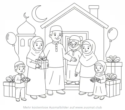 Familie empfängt Besuch zum Zuckerfest Ausmalbild