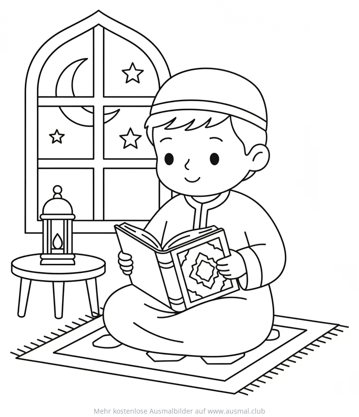 Junge liest Koran Ausmalbild im Ramadan