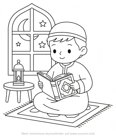 Junge liest Koran Ausmalbild im Ramadan