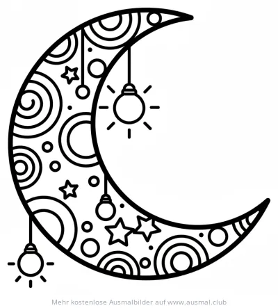 Mondsichel Ausmalbild mit Sternen und Lichtern