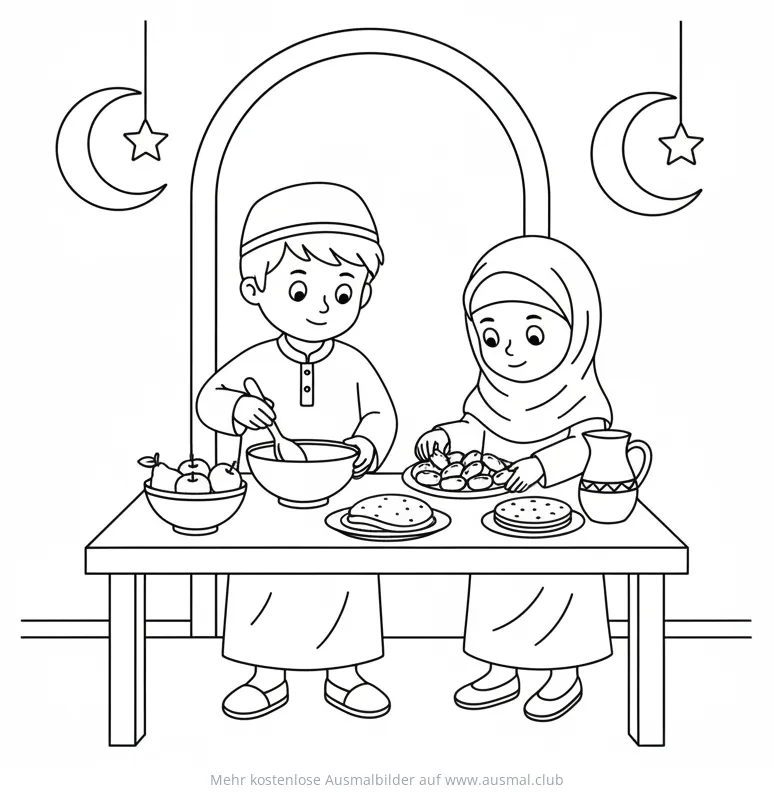 Junge und Mädchen kochen zusammen Ausmalbild