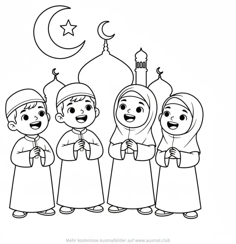 Fröhliche Kinder vor Moschee mit Ramadan-Mond Ausmalbild