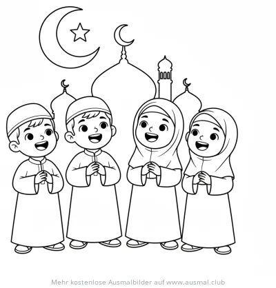 Fröhliche Kinder vor Moschee mit Ramadan-Mond Ausmalbild