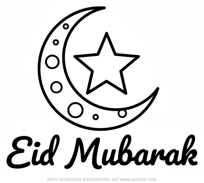 Halbmond mit Stern und Schriftzug Eid Mubarak Ausmalbild