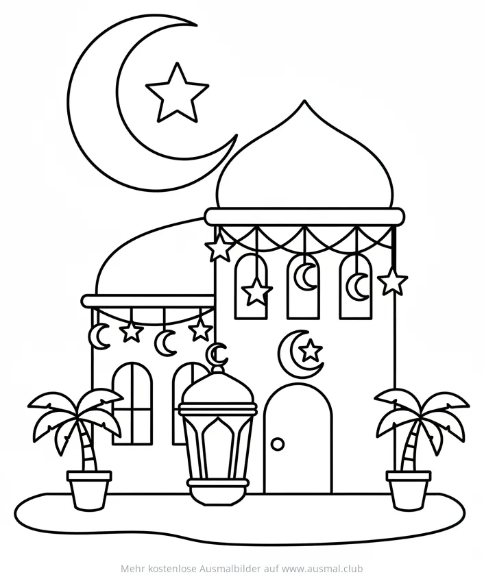 Ramadan Haus mit Mondsicheln und Sternen Ausmalbild