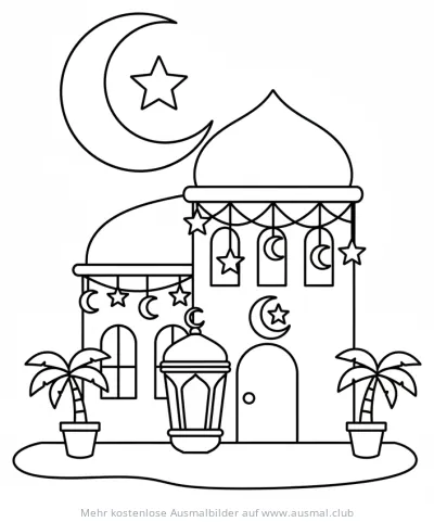 Ramadan Haus mit Mondsicheln und Sternen Ausmalbild