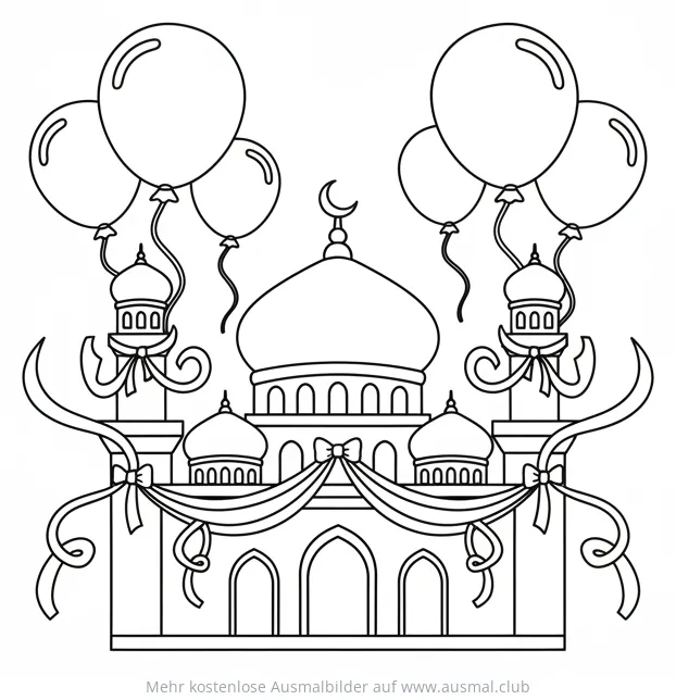 Moschee mit Ballons und Schleifen zum Zuckerfest Ausmalbild