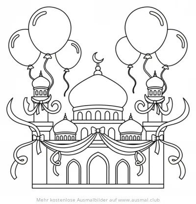 Moschee mit Ballons und Schleifen zum Zuckerfest Ausmalbild