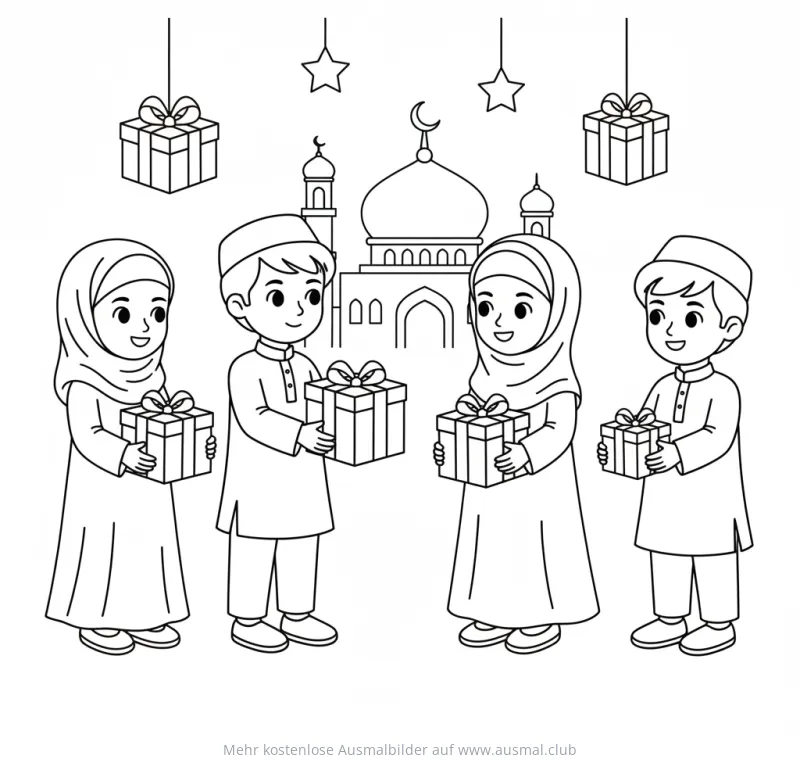 Kinder tauschen Geschenke vor Moschee Ausmalbild zum Zuckerfest