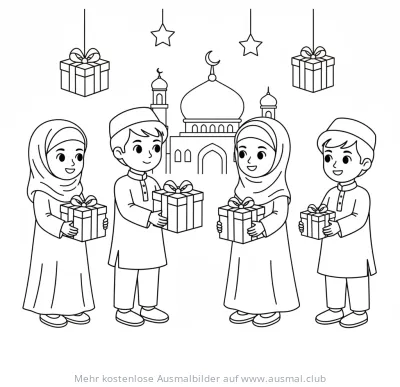 Kinder tauschen Geschenke vor Moschee Ausmalbild zum Zuckerfest