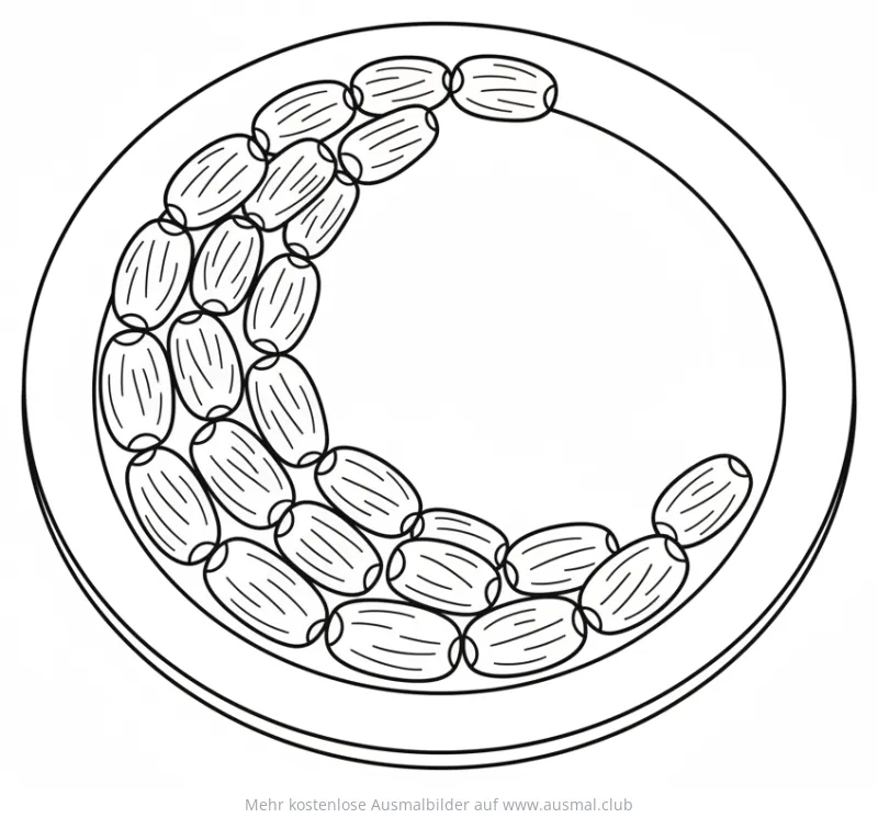 Dattelmond Ausmalbild mit Datteln in Mondsichelform