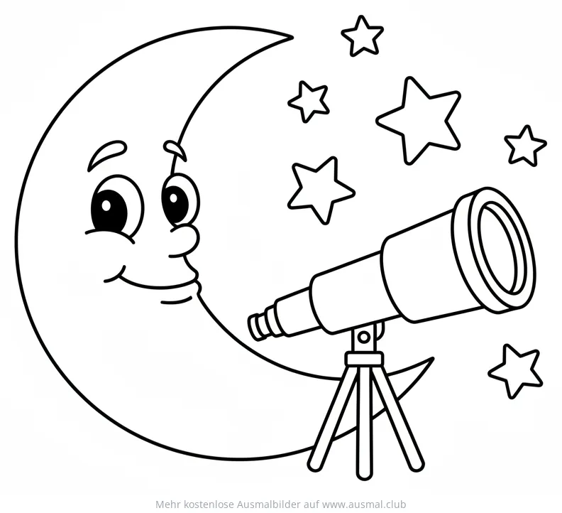 Lächelnder Mond beobachtet Sterne mit Teleskop Ausmalbild