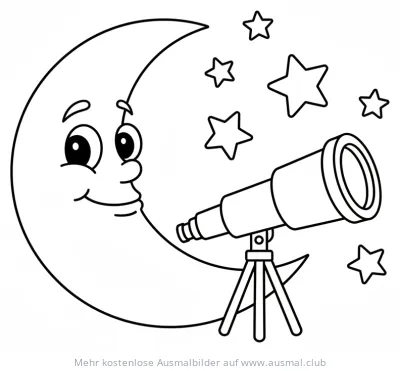 Lächelnder Mond beobachtet Sterne mit Teleskop Ausmalbild