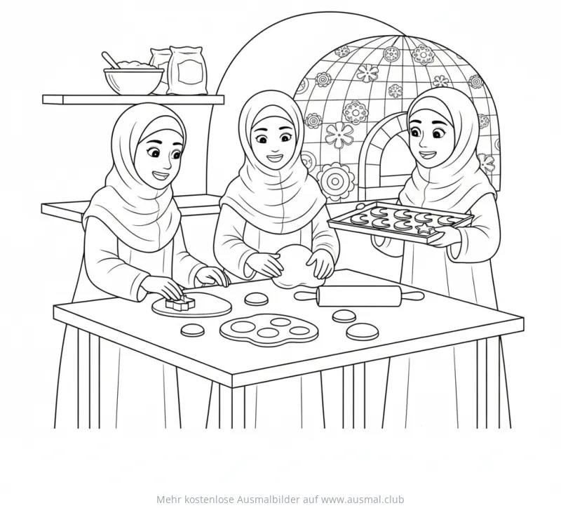 Zuckerfest Ausmalbild: Mädchen backen Kekse