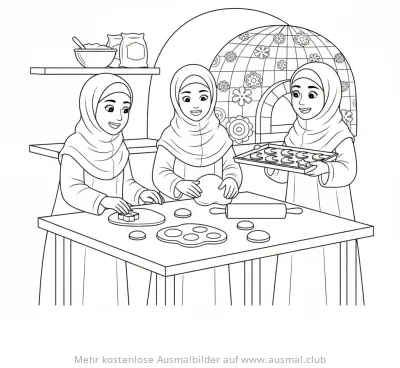 Zuckerfest Ausmalbild: Mädchen backen Kekse