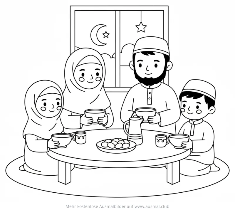 Familie beim Suhoor Mahlzeit Ausmalbild