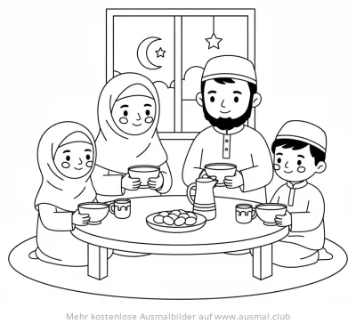 Familie beim Suhoor Mahlzeit Ausmalbild