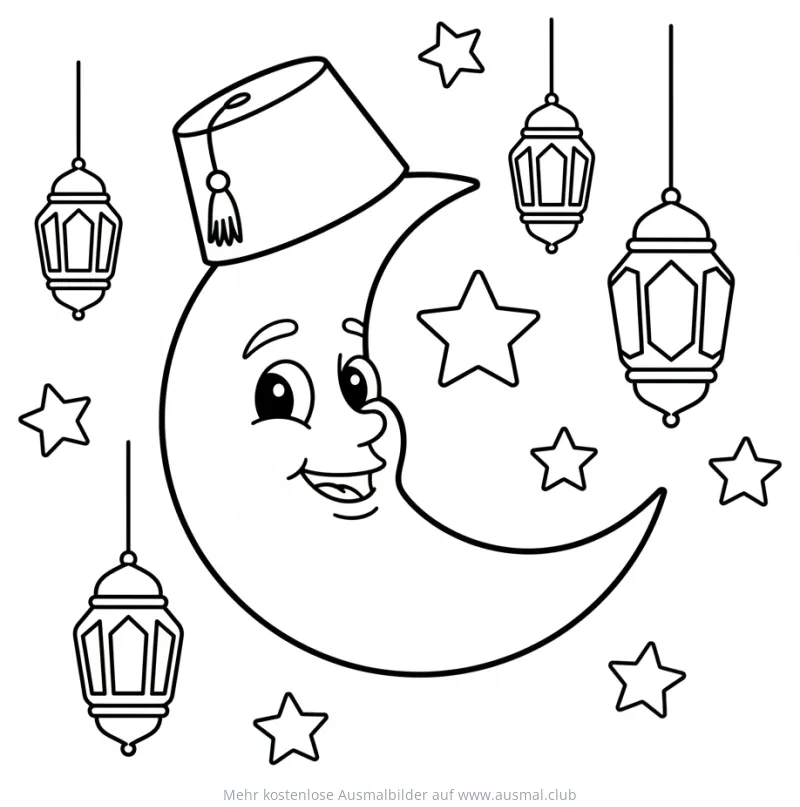 Mondsichel mit Gesicht und Ramadan-Laternen Ausmalbild