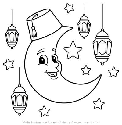 Mondsichel mit Gesicht und Ramadan-Laternen Ausmalbild