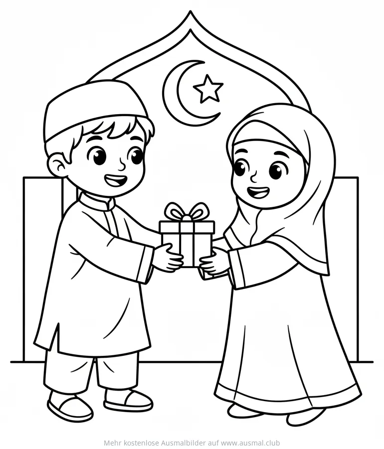 Junge und Mädchen tauschen Geschenk aus, Ramadan Ausmalbild