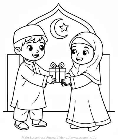Junge und Mädchen tauschen Geschenk aus, Ramadan Ausmalbild