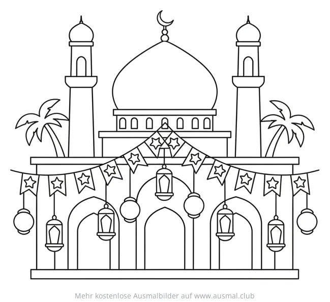 Moschee mit Lampions und Girlanden Ausmalbild für Ramadan