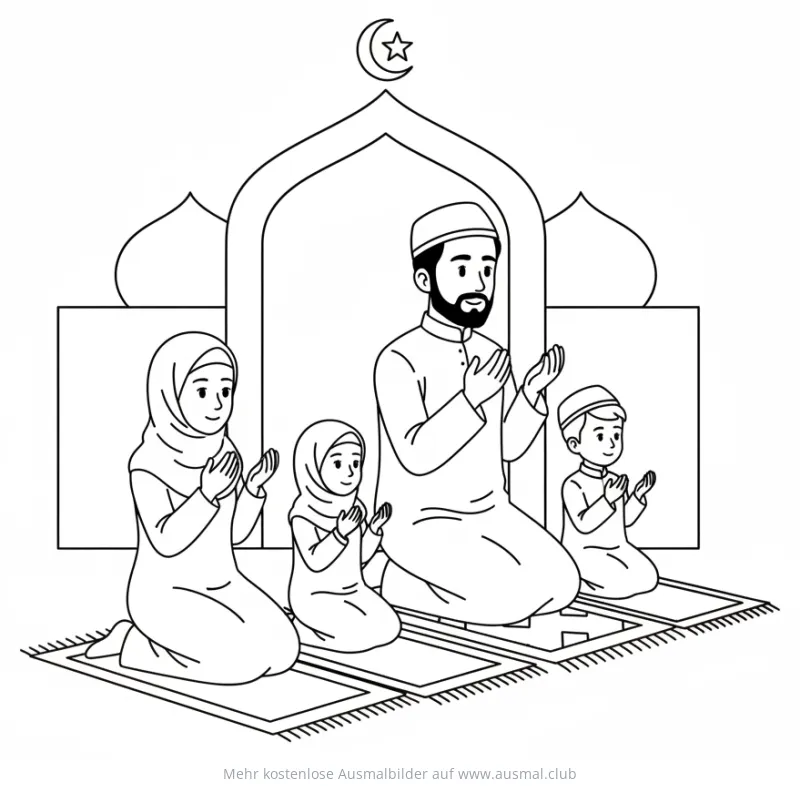 Ramadan Ausmalbild: Familie betet vor Moschee
