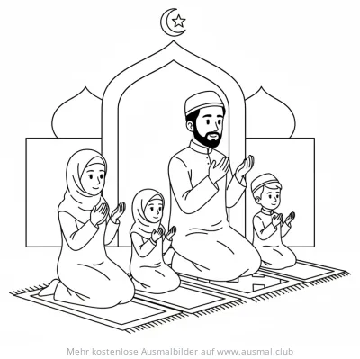 Ramadan Ausmalbild: Familie betet vor Moschee