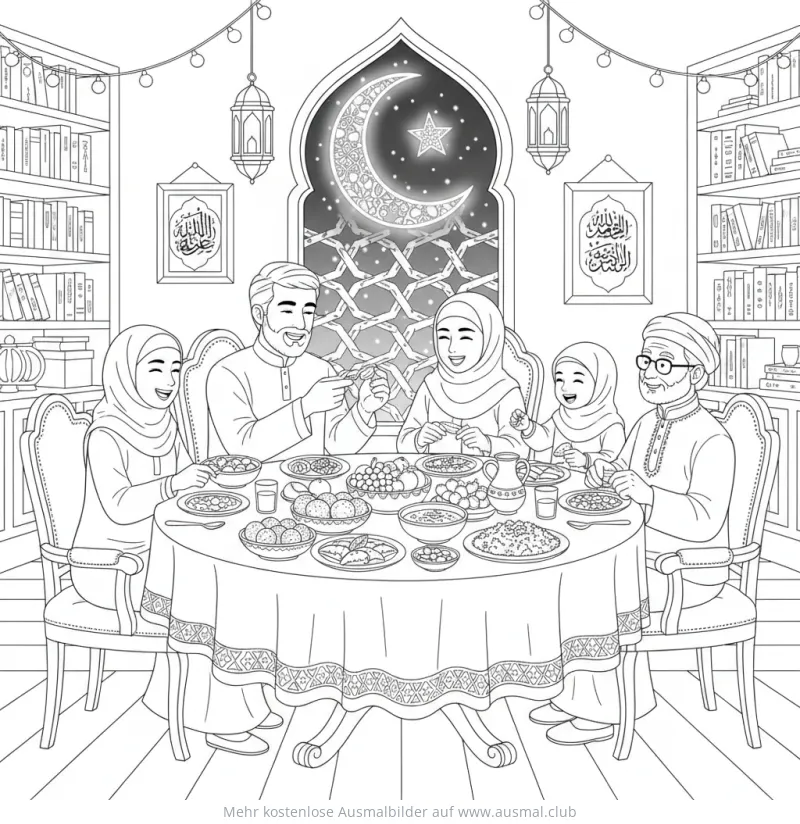 Familie beim Iftar-Essen im Ramadan Ausmalbild