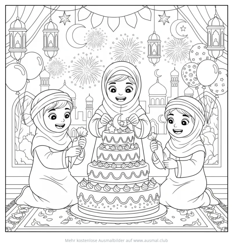 Kinder dekorieren Zuckerfest Kuchen Ausmalbild