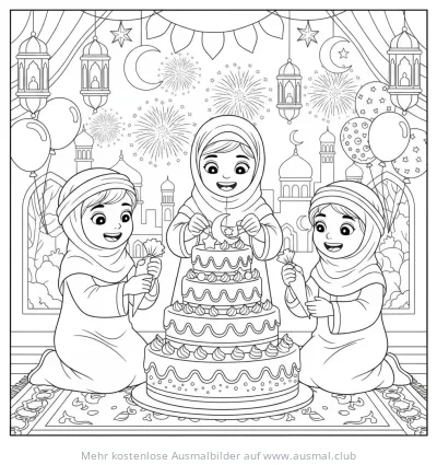 Kinder dekorieren Zuckerfest Kuchen Ausmalbild
