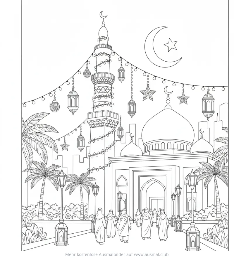 Moschee mit Minarett, Lichtern und Menschen Ausmalbild