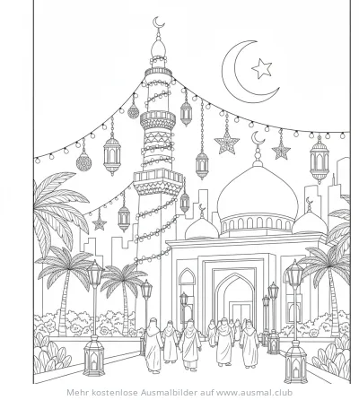 Moschee mit Minarett, Lichtern und Menschen Ausmalbild