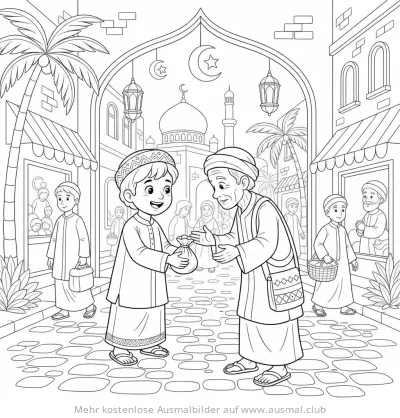 Junge gibt älterem Mann Zakat Ausmalbild