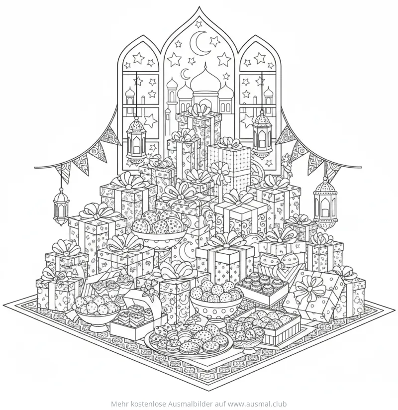 Zuckerfest Ausmalbild mit Geschenken, Süßigkeiten und Moschee