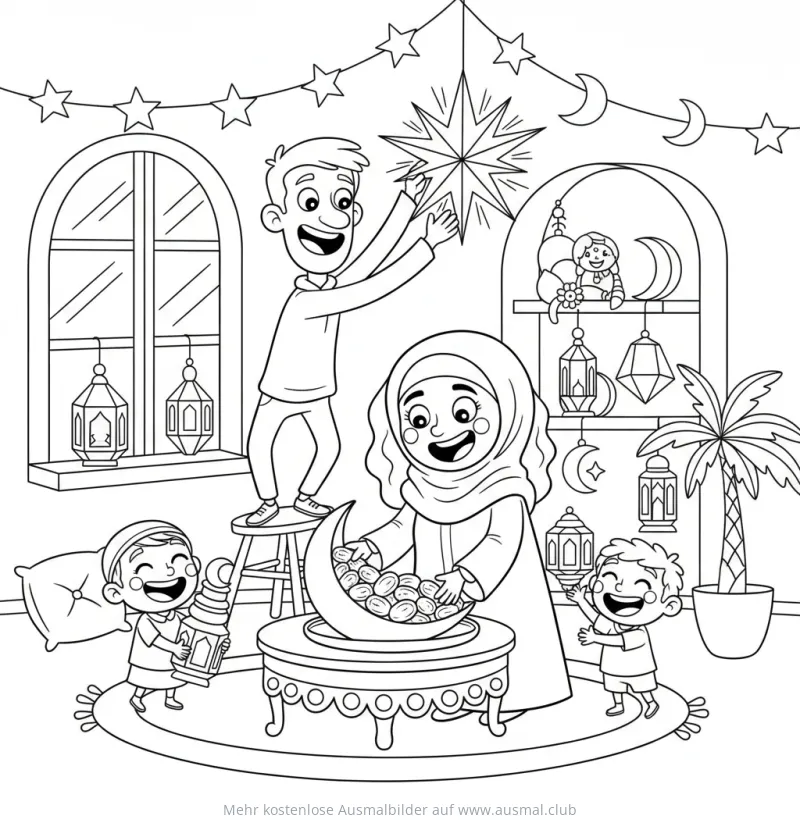 Ramadan Ausmalbild mit Familie, Laternen und Mondsichel