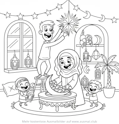 Ramadan Ausmalbild mit Familie, Laternen und Mondsichel