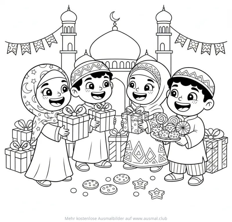 Kinder mit Geschenken vor Moschee Ausmalbild für Ramadan