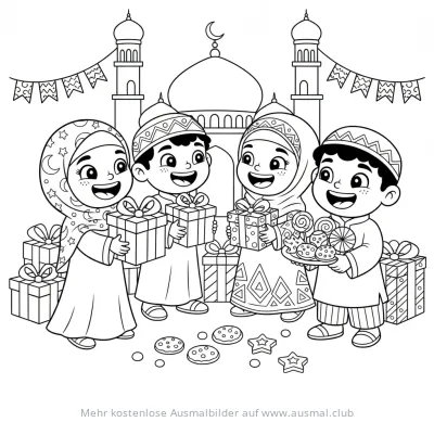 Kinder mit Geschenken vor Moschee Ausmalbild für Ramadan