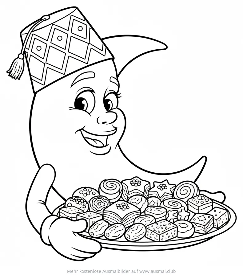 Freundlicher Halbmond mit Süßigkeiten Ausmalbild für Ramadan