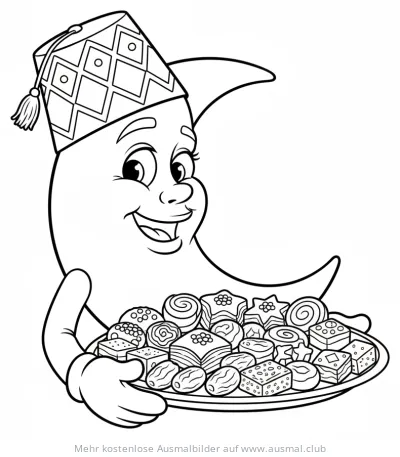 Freundlicher Halbmond mit Süßigkeiten Ausmalbild für Ramadan