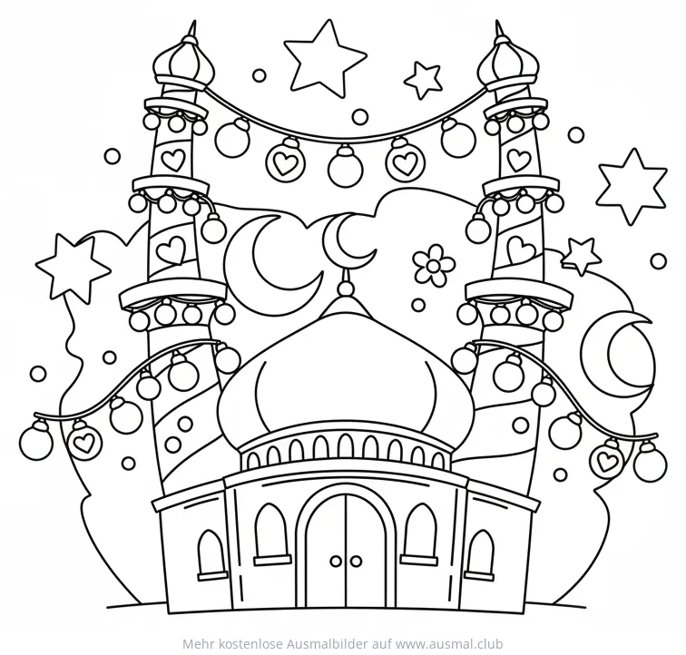 Moschee mit Sternen und Lichtern Ausmalbild für Ramadan