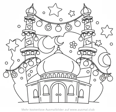 Moschee mit Sternen und Lichtern Ausmalbild für Ramadan