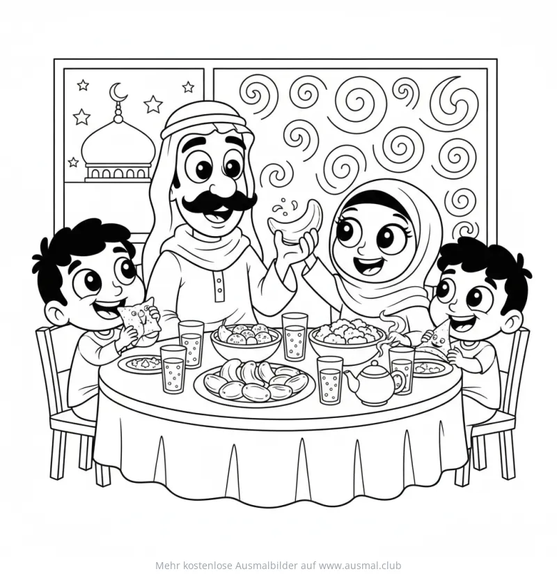 Ramadan Familie beim Iftar Abendessen Ausmalbild