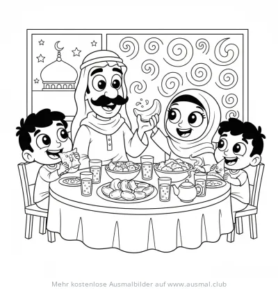 Ramadan Familie beim Iftar Abendessen Ausmalbild